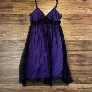 Vintage Y2K Purple Sheer Mesh Glitter Babydoll Dress Women Medium Whimsygoth